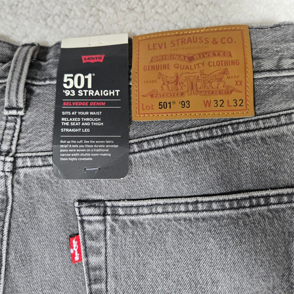 Levis Premium Selvedge 501 93 Straight Jeans Mens 32x32 Faded Black Gray Denim - Picture 8 of 10